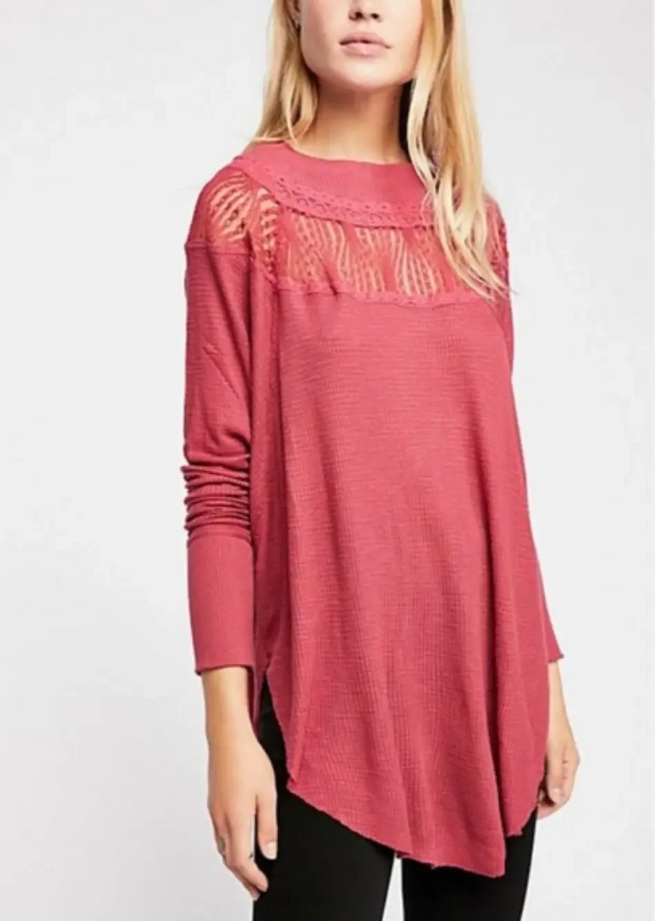 Free People Spring Valley Long Sleeve Thermal Top Red Womens Size S Lace Boho